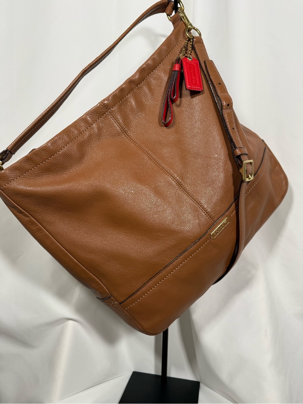 Coach Tan Leather Hobo with Red Tag Accent